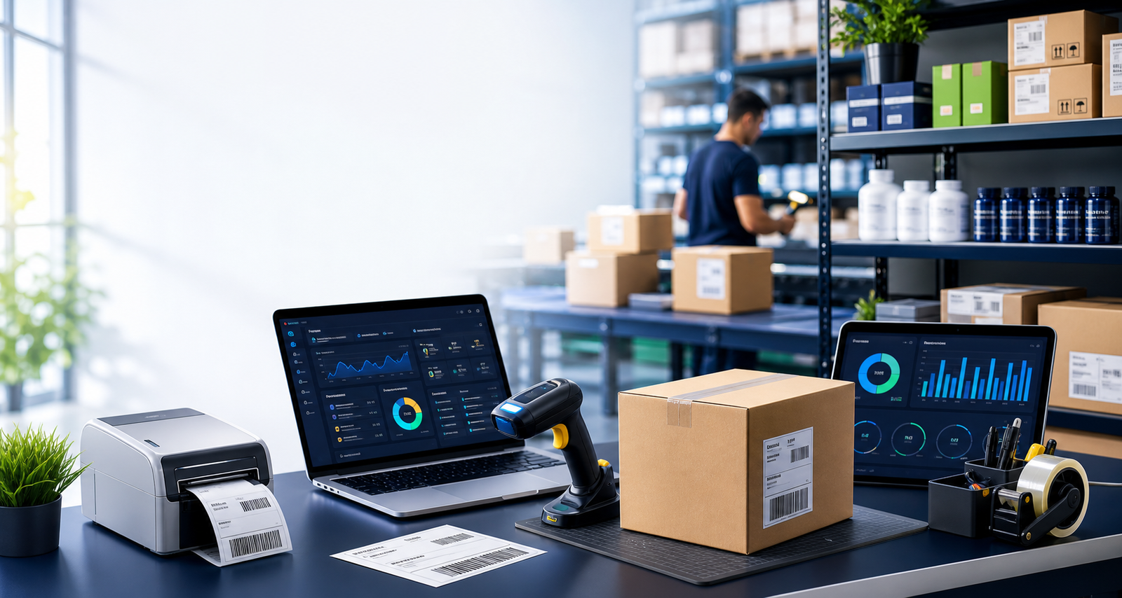 Mesa de expedicao com etiquetas, produtos, scanner e dashboards operacionais